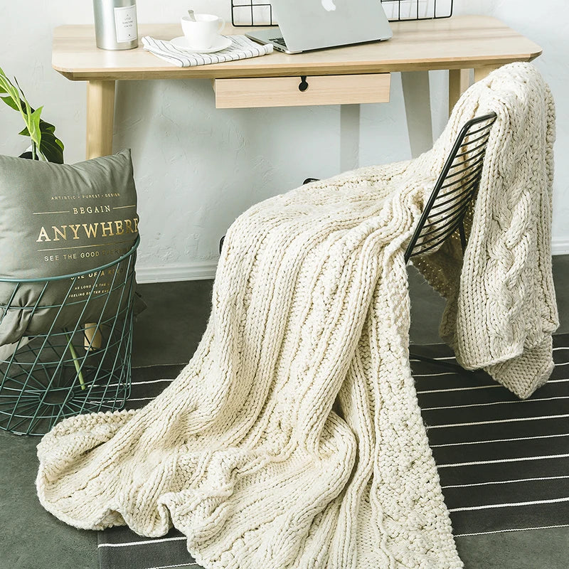 DecorBites™ Khaki Beige Chunky Knit Wool Blanket