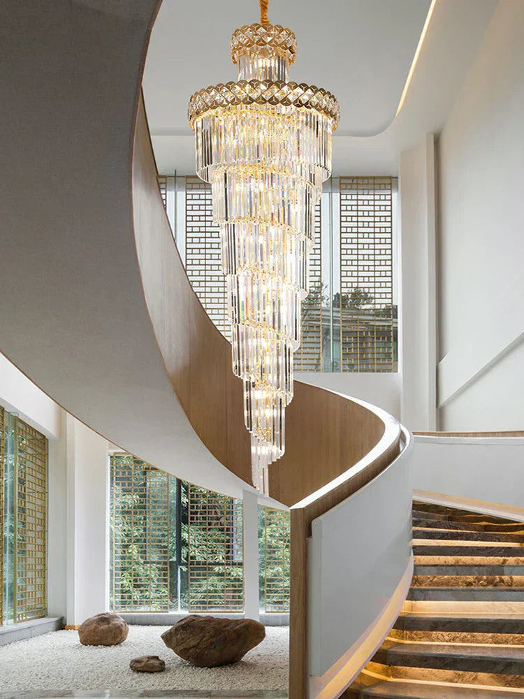 DecorBites™ Gold Stainless Steel Crystal Chandelier for Long Villa Staircase Lighting