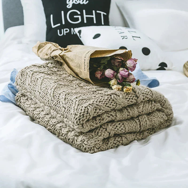 DecorBites™ Khaki Beige Chunky Knit Wool Blanket