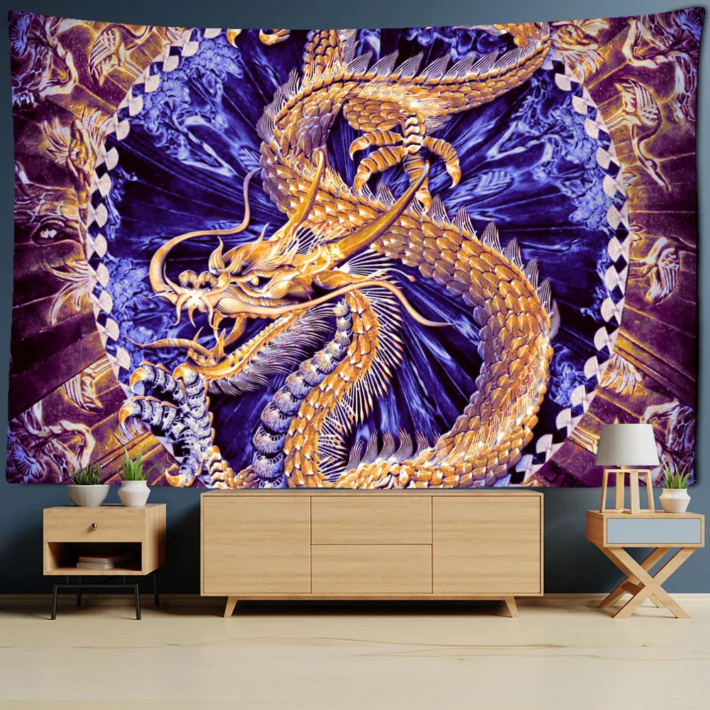 DecorBites™ Golden Loong Dragon Totem Tapestry, Cartoon Castle Wall Hanging & Home Decor Art