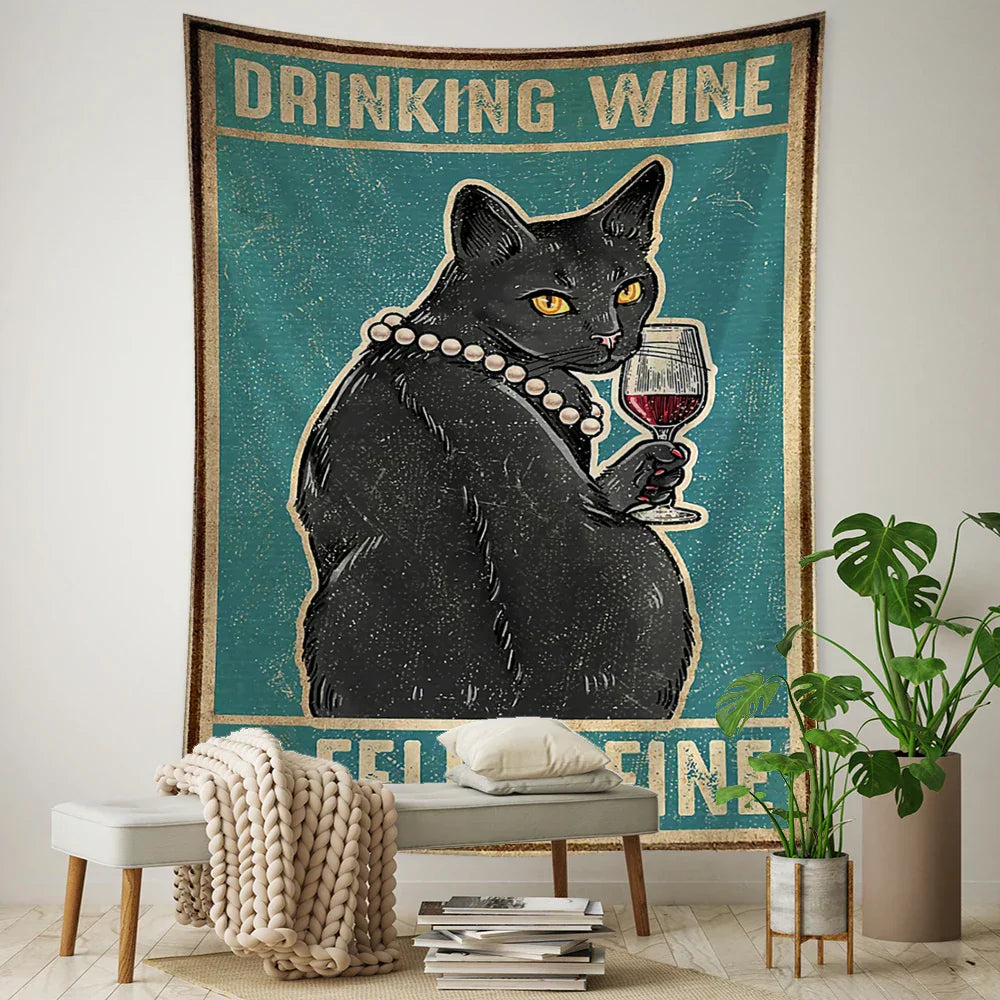 DecorBites™ Black Cat Tarot Tapestry: Psychedelic Hippie Wall Hanging Room Decor