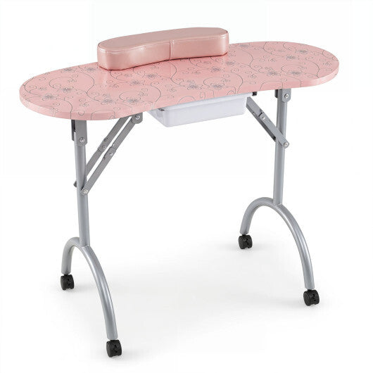 Foldable Portable Manicure Table with Drawer Casters and Cushion-Black
