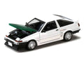 Toyota Sprinter Trueno (AE86) RHD (Right Hand Drive) "Keiichi Tsuchiya - Dori Dori Mesh Wheels" White with Green Carbon Hood 1/64 Diecast Model Car by Hobby Japan