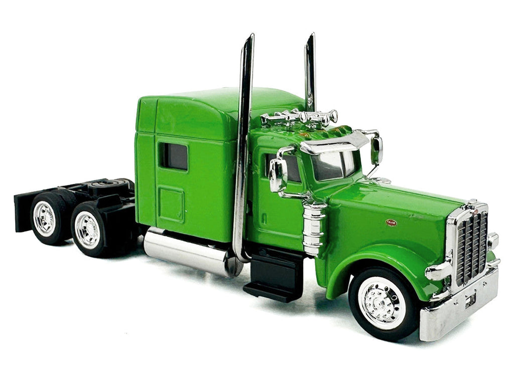 Peterbilt 389 Truck Tractor with Sleeper Cab Lime Green and Low Boy Flatbed Trailer Black Combo Set 1/87 (HO) Plastic Model Car by HO Logistics
