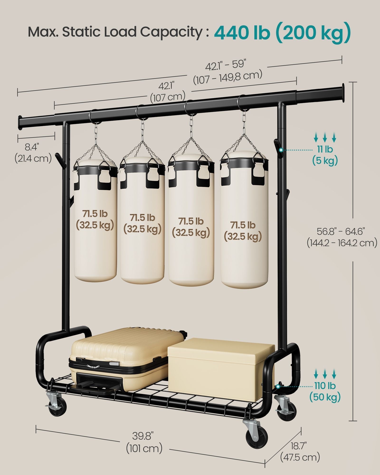 Clothes Rack, Heavy-Duty Rolling Clothing Garment Rack, Ink Black