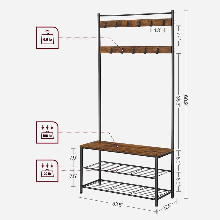 Coat Rack, Hall Tree with Shoe Storage Bench, Entryway Bench with Shoe Storage
