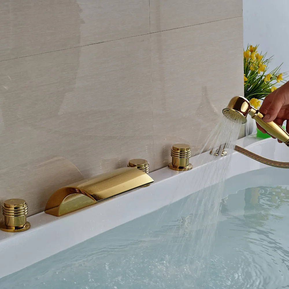 DecorBites™ Golden Brass Bathtub Faucet with Handheld Shower - Deck Mounted