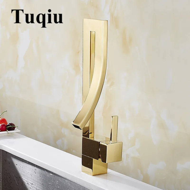 DecorBites™ Gold Brass Square Basin Faucet Single Handle Hot Cold Mixer Water Tap