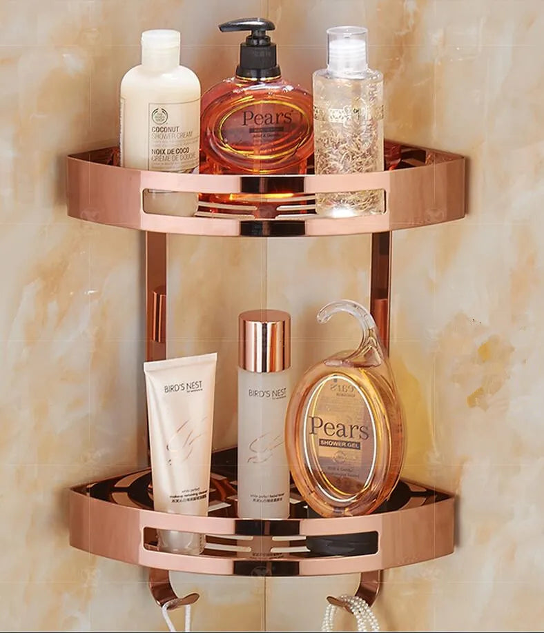 DecorBites™ Gold Stainless Steel Bathroom Corner Shelf – Rose Gold Shower Caddy