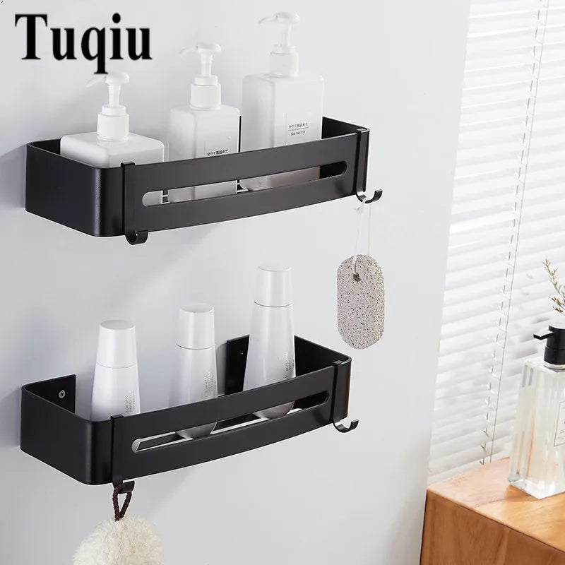 DecorBites™ Black Aluminum Wall Mounted Bathroom Corner Shelf for Bath and Kitchen Storage