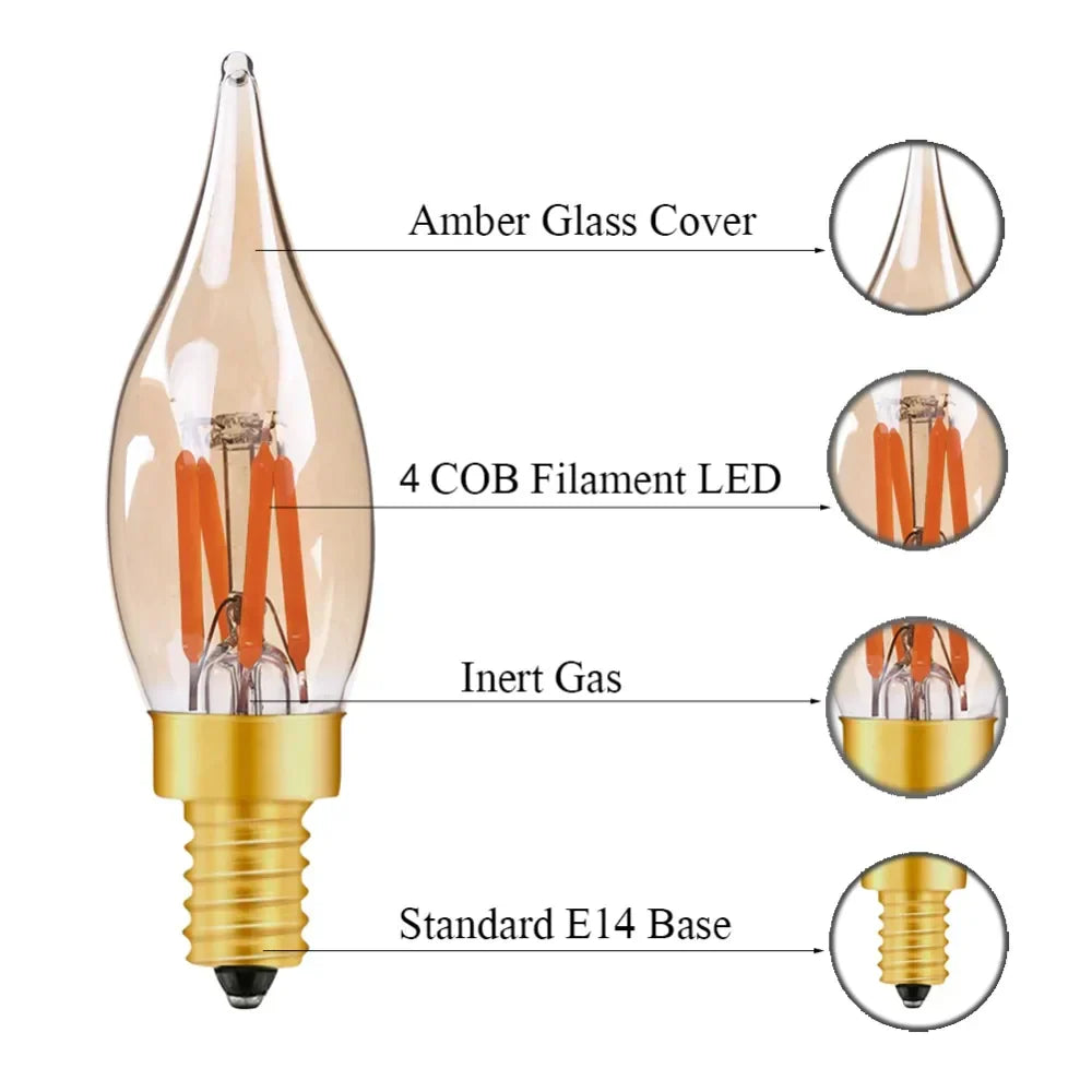 DecorBites™ LED Filament Bulb C22T Gold Tint Candle Lamp E12 2W 2200K Chandelier Decoration