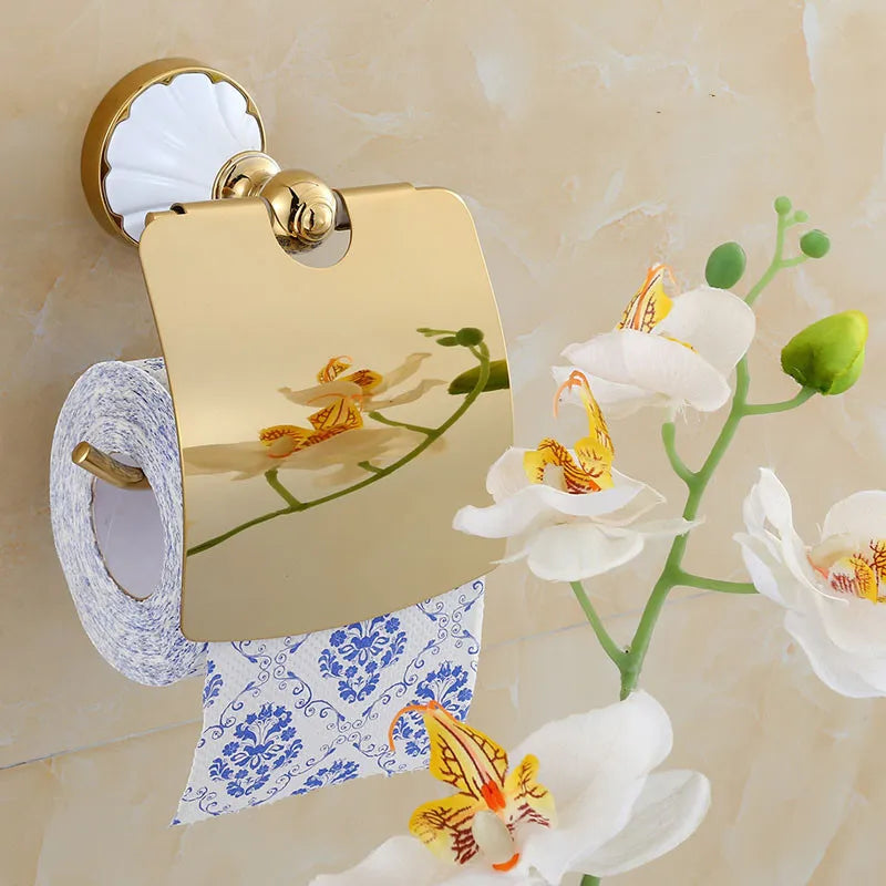 DecorBites™ Bathroom Accessories Set: Gold Finish Paper Holder, Towel Bar, Soap Holder, Towel Rack & More
