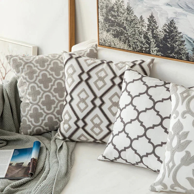 DecorBites™ Grey Geometric Embroidered Cushion Cover 45x45cm