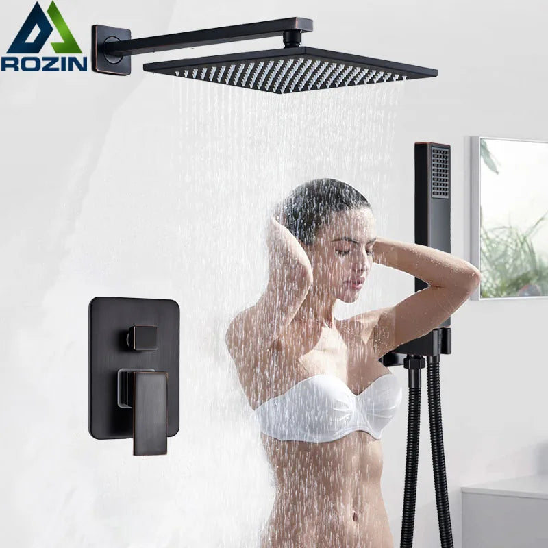 DecorBites™ Black Brass Shower Faucet with 2-Way Mixer, Handshower and Rainfall Head