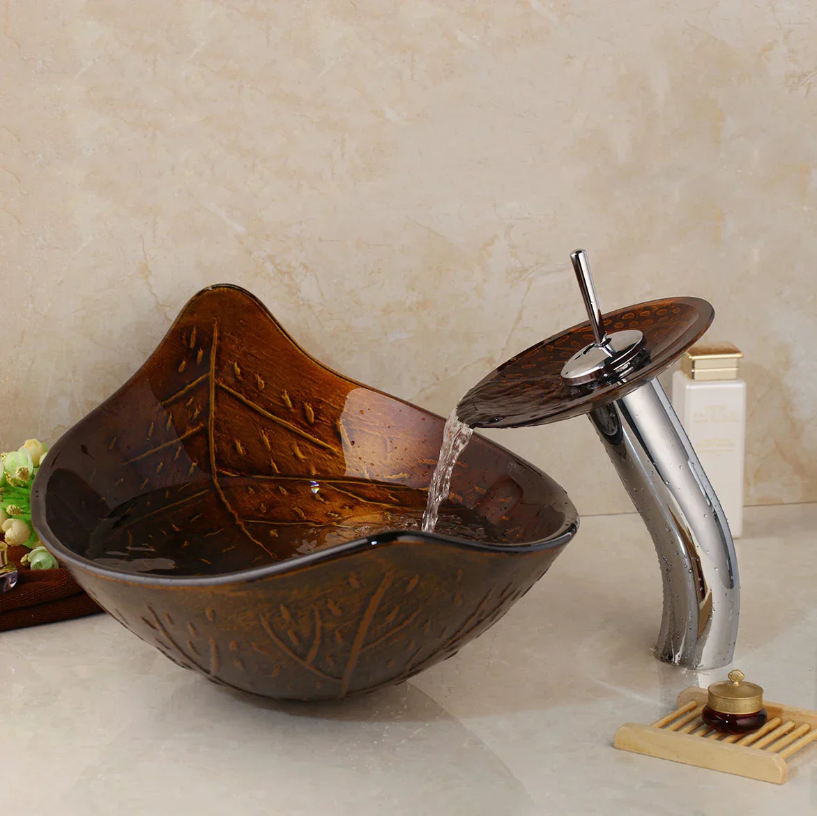 DecorBites™ Golden Leaf Vessel Glass Sink Set with Chrome Faucet