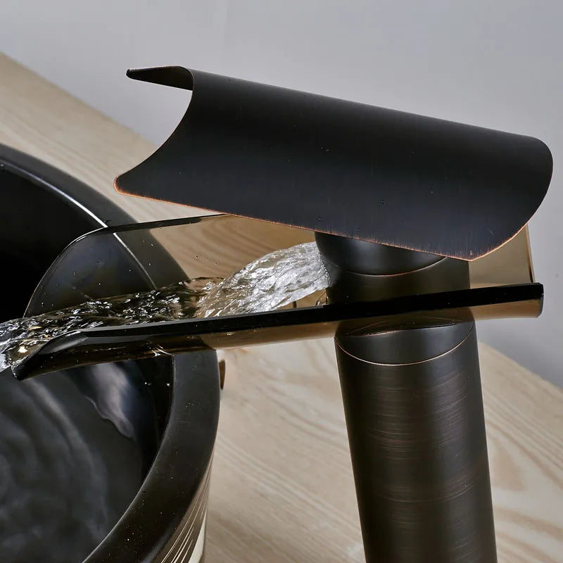 DecorBites™ Black Bronze Glass Spout Waterfall Basin Mixer Tap - Deck Mounted Countertop Faucet