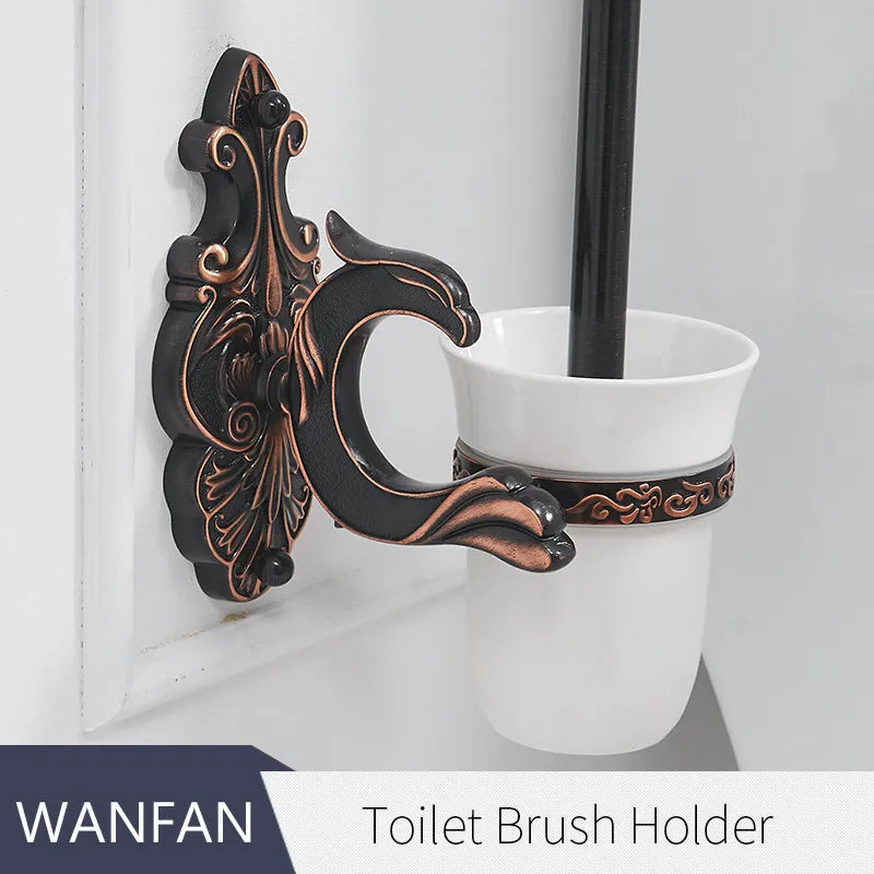 Antique bronze ornate ceramic toilet brush holder bathroom set