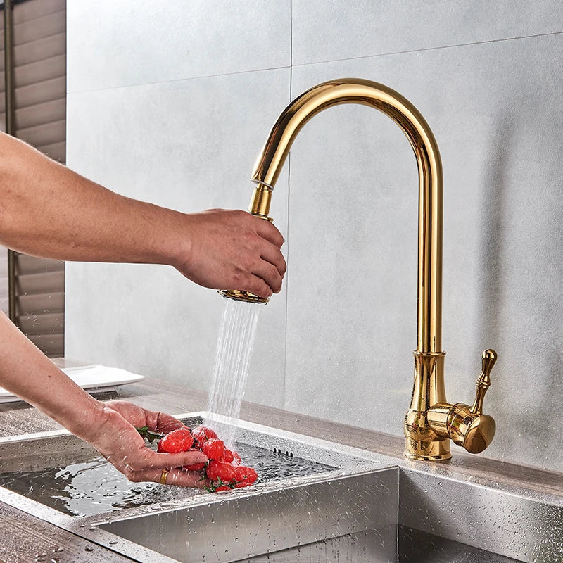 DecorBites™ Gold Brass Kitchen Faucet Rotatable Mixer Tap Single Handle Hot&Cold Water