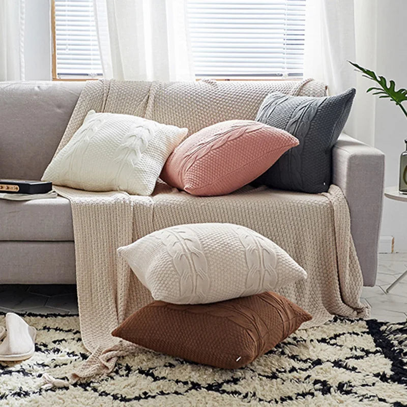DecorBites™ Double Cable Knit Cushion Cover in 5 Soft Colors, 45cm x 45cm