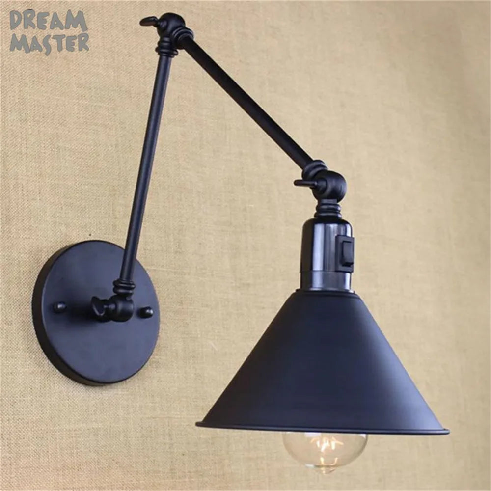 DecorBites™ Industrial Swing Arm Wall Lamp Black Switch On Off Sconces Iron
