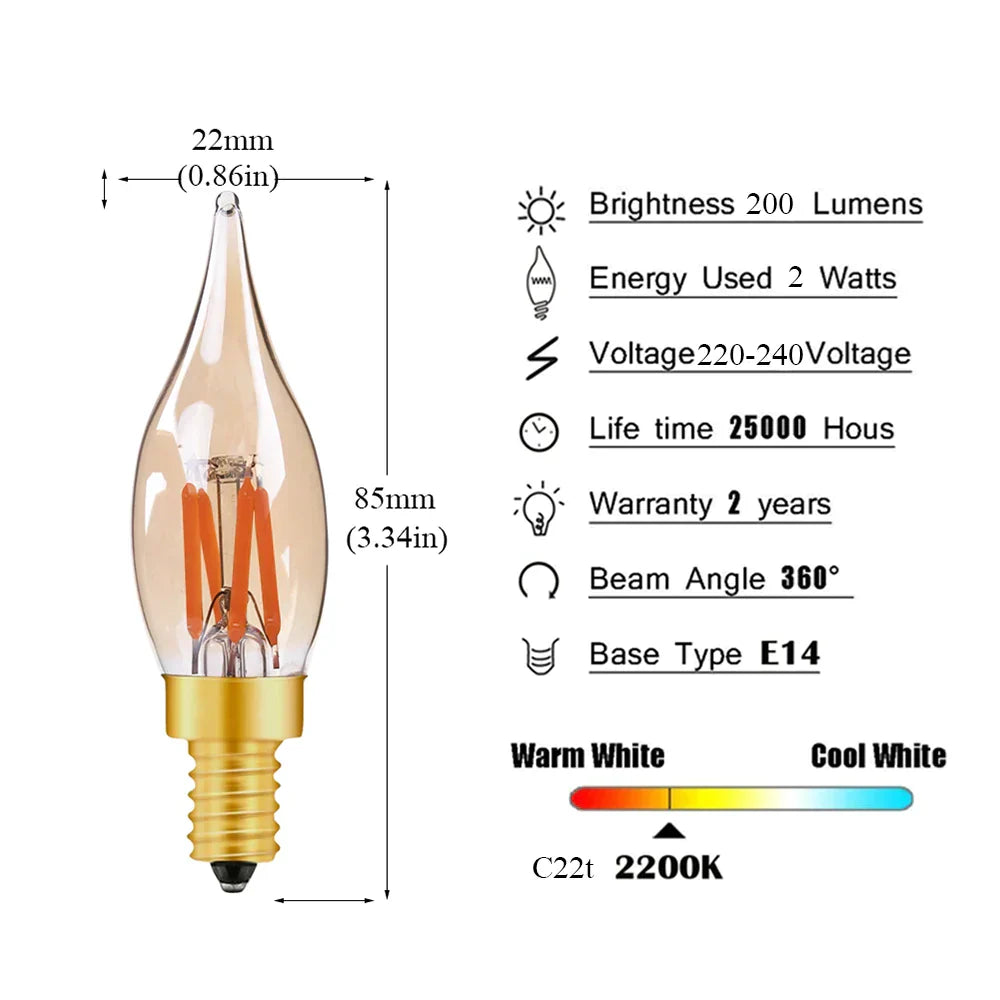 DecorBites™ LED Filament Bulb C22T Gold Tint Candle Lamp E12 2W 2200K Chandelier Decoration