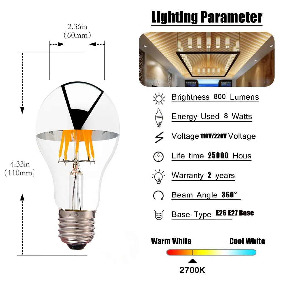 DecorBites™ LED Filament Bulb A19 Silver Bowl 8W 800lm Dimmable CRI 85 2700K 6000K Warm Cold