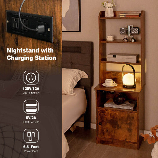 6-Tier Bookshelf Nightstand with Charging Station and Cabinet-Rustic Brown