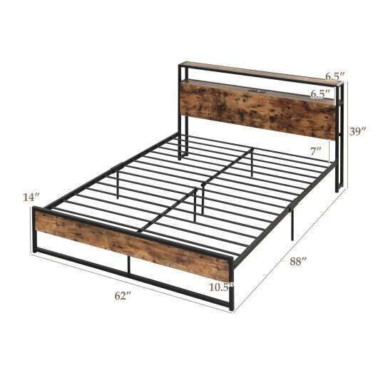 Full/Queen Bed Frame with 2-Tier Storage Headboard and Charging Station-Full Size