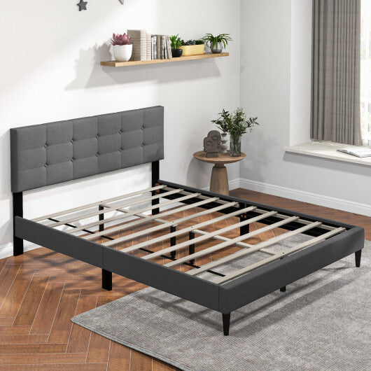 Queen Size Upholstered Platform Bed with Button Tufted Headboard-Blue