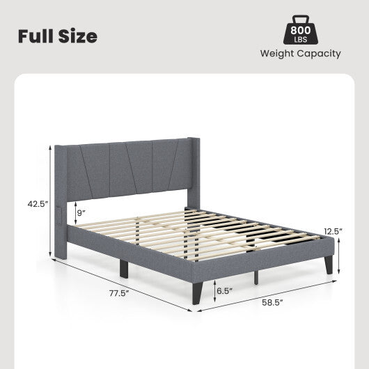 Full/Queen Size Bed Frame with Wingback Headboard and Wood Slat Support-Queen Size