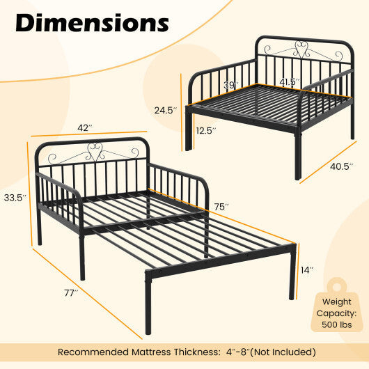 Extendable Metal Daybed to Twin Size Bed with Guardrails and Armrests-White