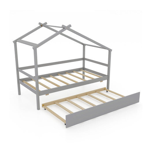 Kids Twin Size House Bed with Trundle and Roof-White