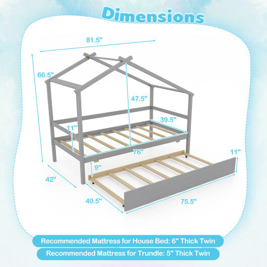 Kids Twin Size House Bed with Trundle and Roof-White