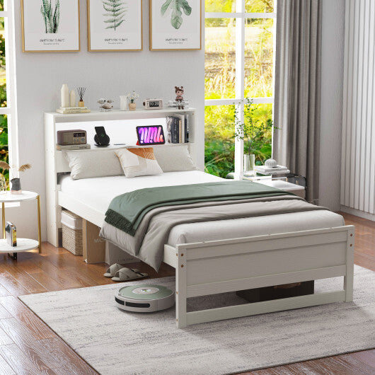 Twin Size Bed Frame with Storage Headboard and Charging Station-Gray