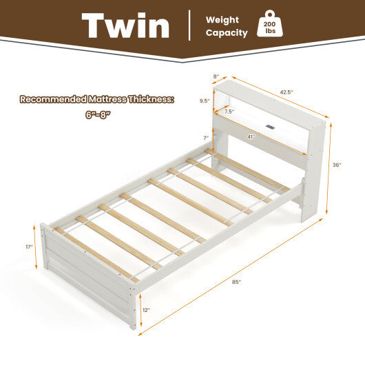 Twin Size Bed Frame with Storage Headboard and Charging Station-Gray
