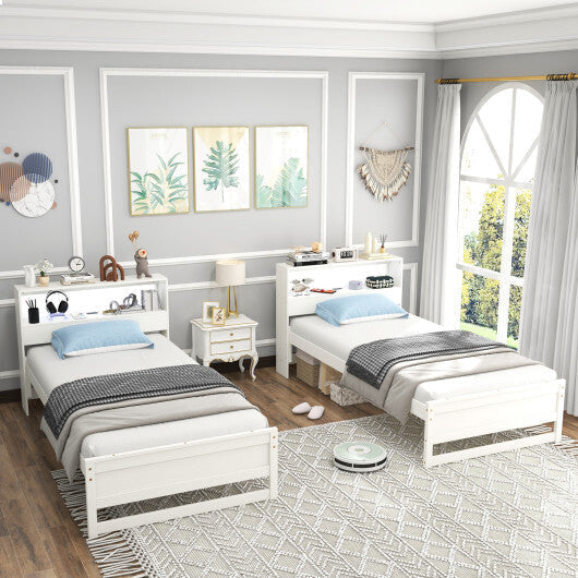 Twin Size Bed Frame with Storage Headboard and Charging Station-Gray