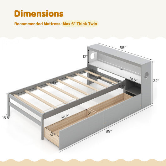 Twin Size Bed Frame with LED Light and Bookcase Headboard-Gray