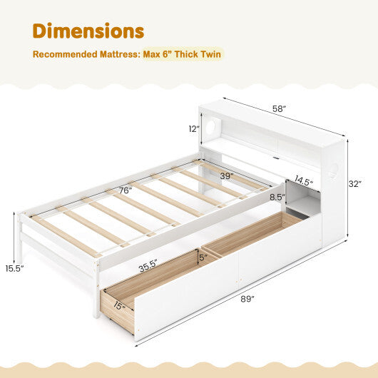 Twin Size Bed Frame with LED Light and Bookcase Headboard-Gray