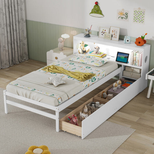 Twin Size Bed Frame with LED Light and Bookcase Headboard-Gray