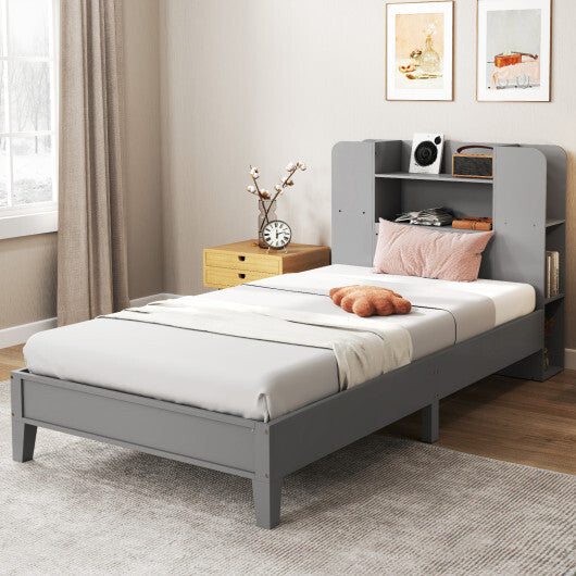 Twin Size Wooden Platform Bed Frame with Bookcase Headboard-White