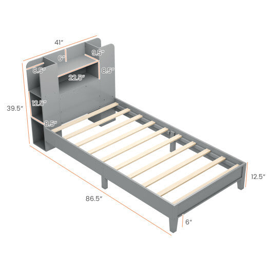 Twin Size Wooden Platform Bed Frame with Bookcase Headboard-White