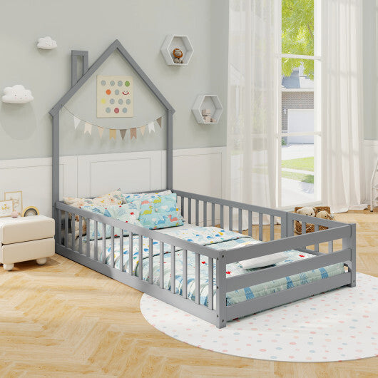 Twin Size Montessori Floor Bed with Lockable Door and Full-Length Guardrail-Gray