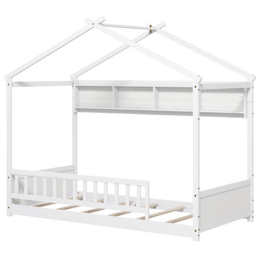 Twin Size House Bed with Storage Shelf and Headboard-Gray