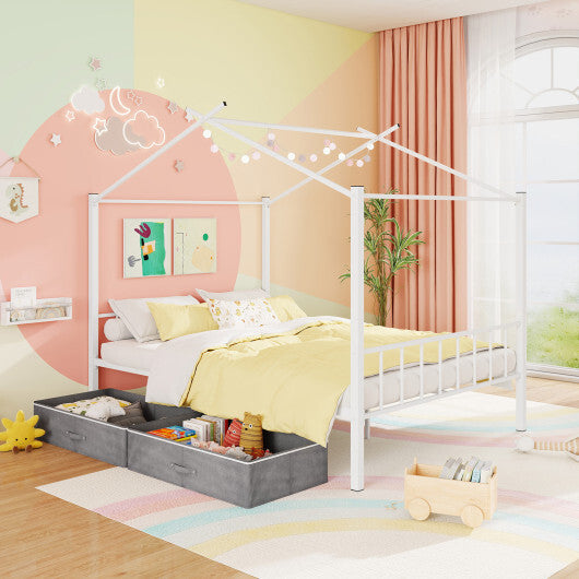 Full Size Metal House Bed with 2 Fabric Drawers for Kids-Black