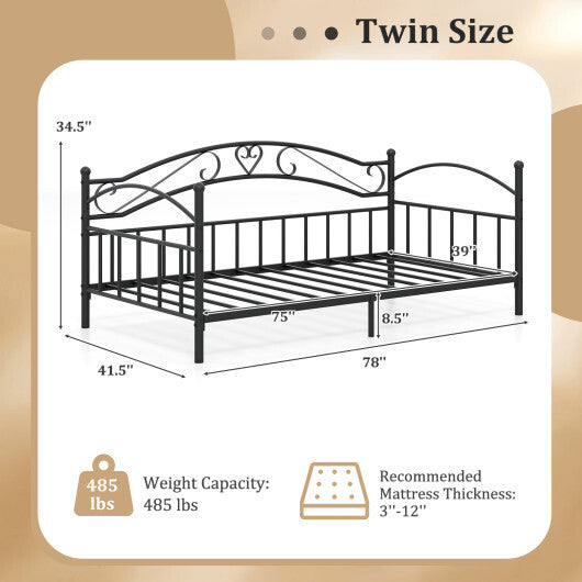 Twin Size Metal Daybed Frame with Headboard for Bedroom-White