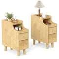 Set of 2 Solid Wood Night Side Table with Pull-out Tray and 2 Storage Drawers-Natural