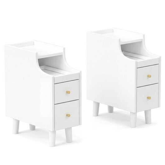 Set of 2 Solid Wood Night Side Table with Pull-out Tray and 2 Storage Drawers-Natural