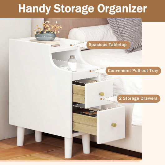 Set of 2 Solid Wood Night Side Table with Pull-out Tray and 2 Storage Drawers-Natural