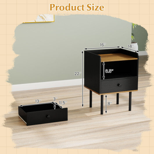 Nightstand with Drawer 3-Tier Sofa Side Table with Open Storage Shelf-Black