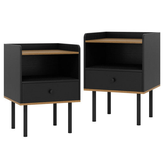 Nightstand with Drawer 3-Tier Sofa Side Table with Open Storage Shelf Set of 2-Black